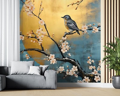 Kersenbloesem met vogel op tak behang