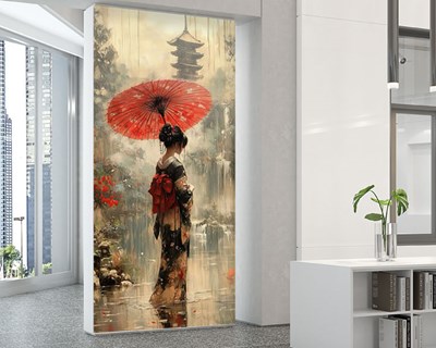 Vrouw met rode paraplu behang