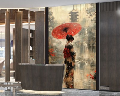 Vrouw met rode paraplu behang