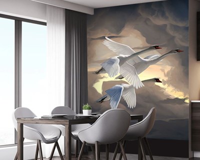 Vliegende zwanen in de lucht thema behang