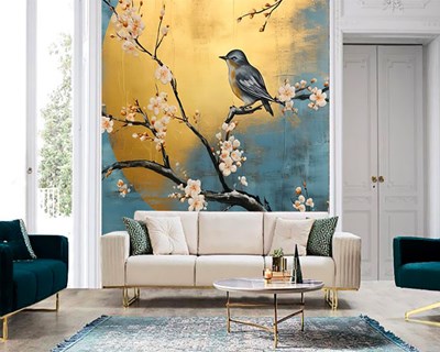 Kersenbloesem met vogel op tak behang