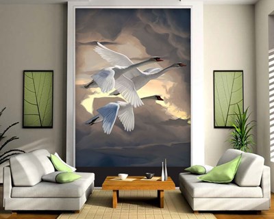Vliegende zwanen in de lucht thema behang