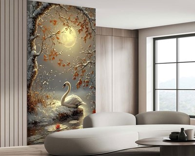 Zwanen op het meer in het maanlicht Behang