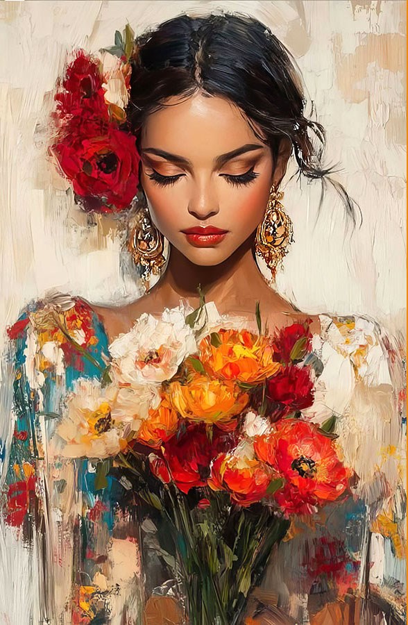 Bloemenvrouw Portret Behang