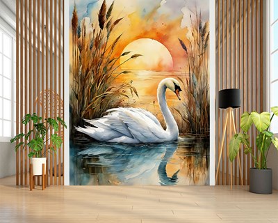 Zonsondergang op het meer met zwanen Behang