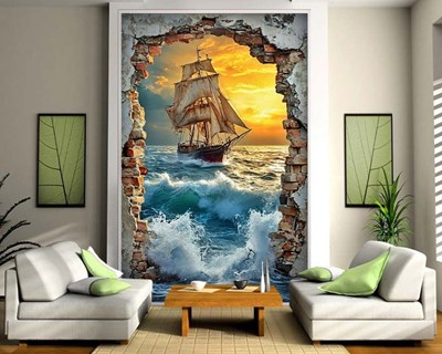 Behang met uitzicht op schepen vanaf de muur