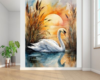 Zonsondergang op het meer met zwanen Behang