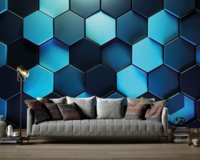 3D blauw zeshoekig behang 