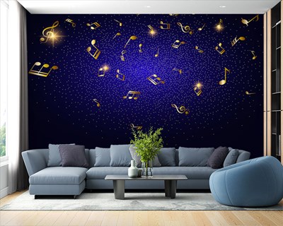 Donkerblauwe achtergrond muzieknoten behang