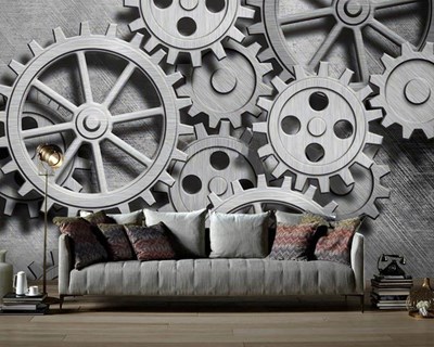 3D Werkende Wielen Behang