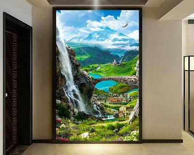 Behang met dorp en berglandschap 