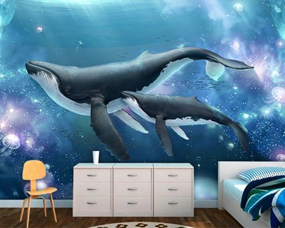 Walvis en kalf geïllustreerd behang 