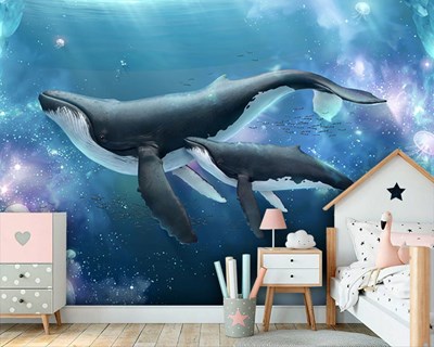 Walvis en kalf geïllustreerd behang 