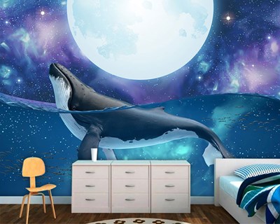 Volle maan walvis geïllustreerd behang 