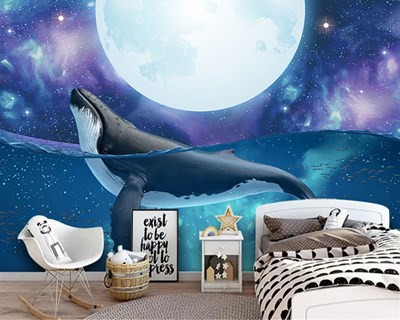 Volle maan walvis geïllustreerd behang 