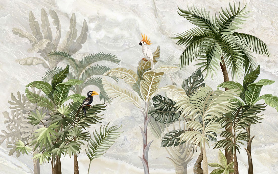 Palmboom en vogel geïllustreerd behang