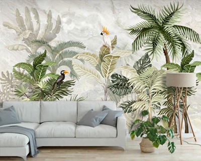 Palmboom en vogel geïllustreerd behang