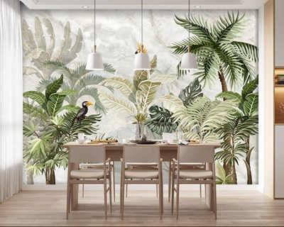 Palmboom en vogel geïllustreerd behang