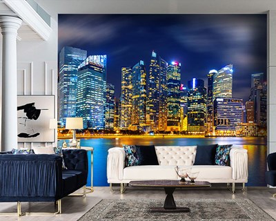 Nacht verlicht stadslandschap behang 