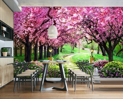 Roze Bloemen Boom Weg Landschap Behang 