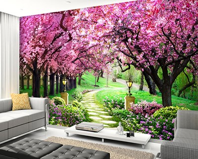 Roze Bloemen Boom Weg Landschap Behang 