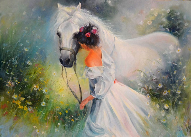 Witte Paard en Vrouw Schilderij Behang