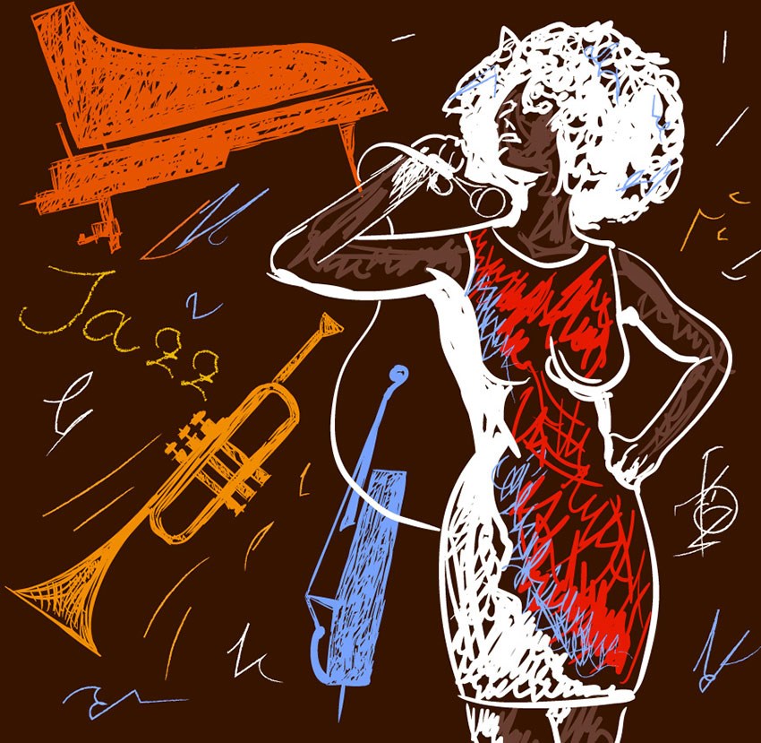 Muziekinstrumenten en vrouwen op behang 