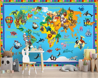 Wereldkaart en behang met dierenafbeeldingen