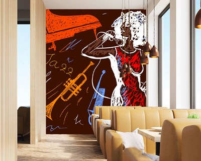 Muziekinstrumenten en vrouwen op behang 