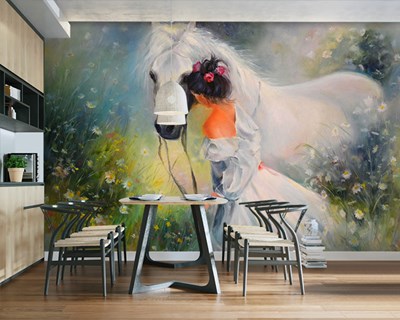 Witte Paard en Vrouw Schilderij Behang