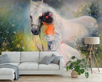 Witte Paard en Vrouw Schilderij Behang