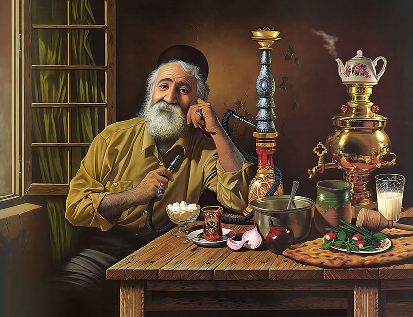 Oude man die Hookah rookt Geïllustreerd Behang 