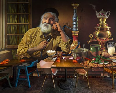 Oude man die Hookah rookt Geïllustreerd Behang 