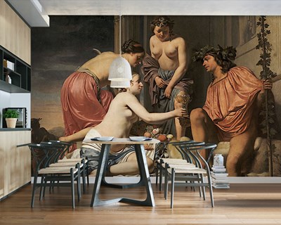Feeën die wijn en fruit aanbieden Behang