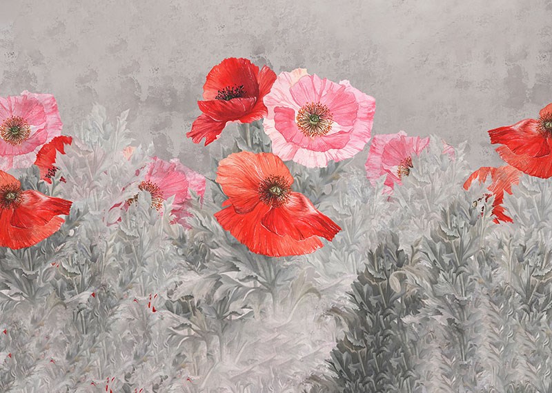 Rood en roze bloemenpatroon behang