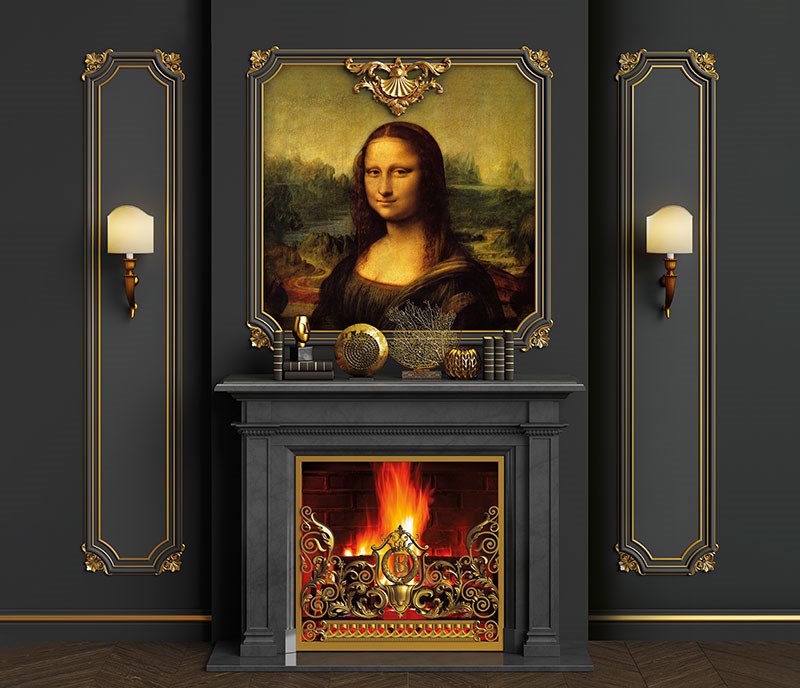 Mona Lisa-afbeelding op behang voor boven de open haard