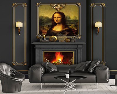 Mona Lisa-afbeelding op behang voor boven de open haard