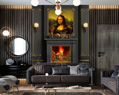 Mona Lisa-afbeelding op behang voor boven de open haard