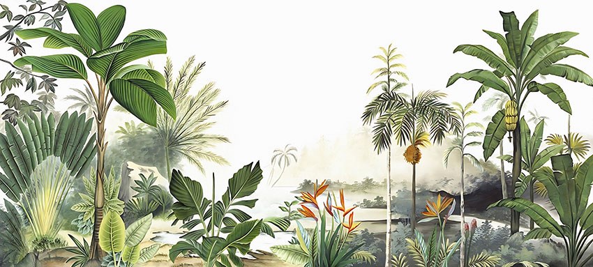Tropisch bos en plantenthema behang