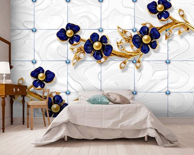 Diamanten Gold Lacivert Bloemenbehang 