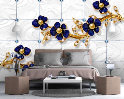 Diamanten Gold Lacivert Bloemenbehang 