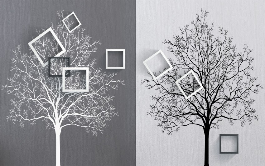 Zwart-wit 3D-behang met boomafbeelding