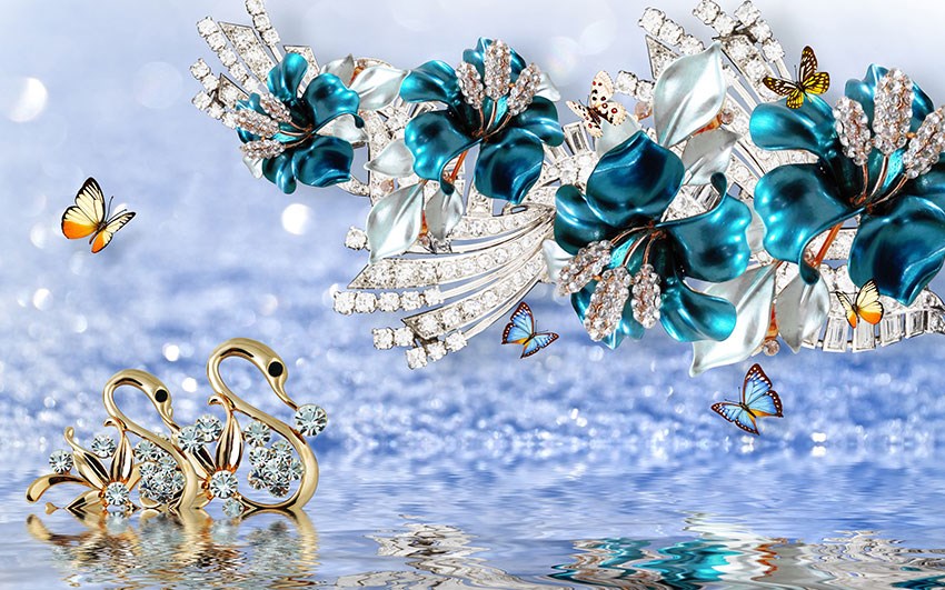 3D Diamant Blue Flower Wallpaper