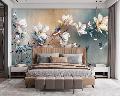 Bloemtakken en vogels op behang