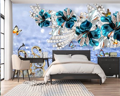 3D Diamant Blue Flower Wallpaper
