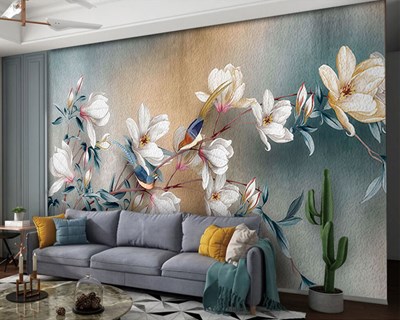Bloemtakken en vogels op behang