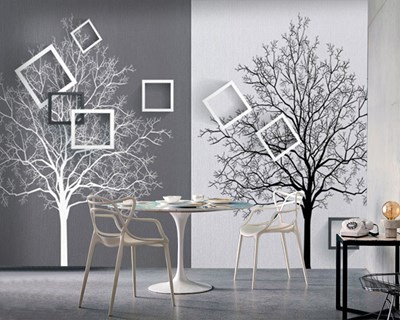Zwart-wit 3D-behang met boomafbeelding