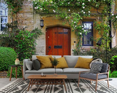 Groen tuinhuis-thema behang