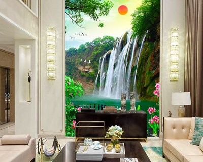 Waterval en tuin uitzicht behang