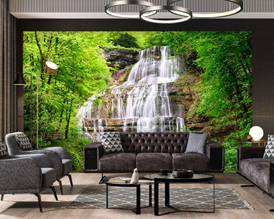 Behang met uitzicht op het bos en de waterval